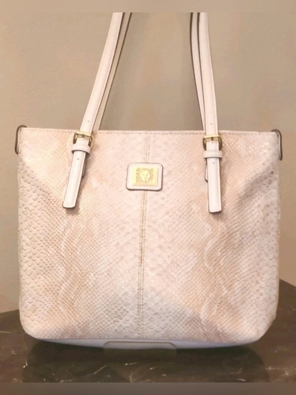 Anna Klein Cream Snake-Embossed Tote Bag